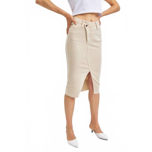 NEW JUDY BLUE high waist garment dyed criss-cross front slit long skirt in bone - Picture 6 of 7